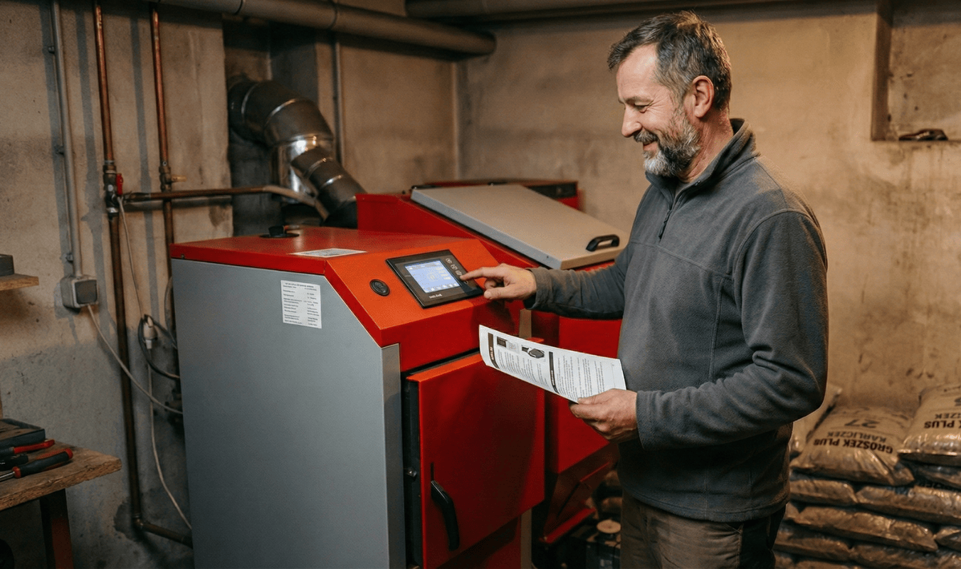 Zadowolony klient ustawia sterownik pieca